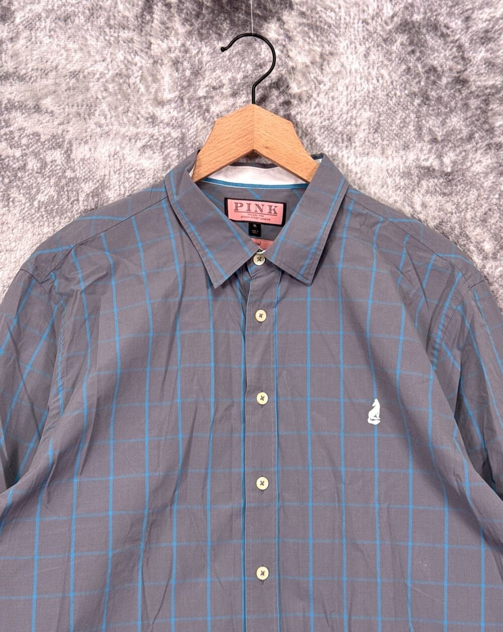 Thomas Pink Casual Shirt XL Mens Gray Windowpane Fox Logo Long Sleeve